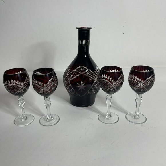 Vintage Hand Cut Crystal Cranberry/Clear Decanter Four Cordial Glasses 5.5"